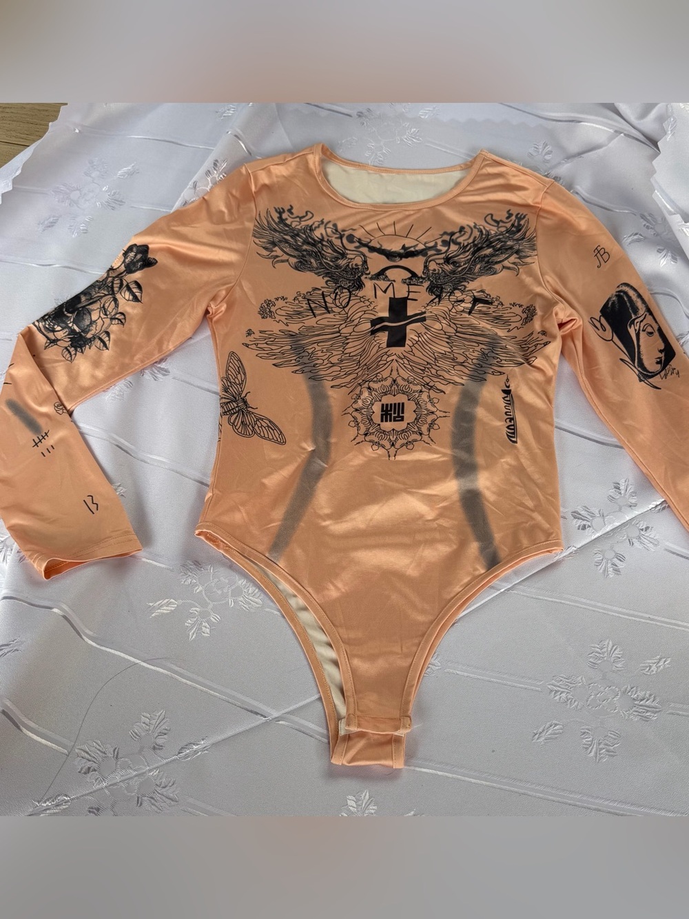 Ragusa Rose Peach Tattoo Print Bodysuit & leggings Set